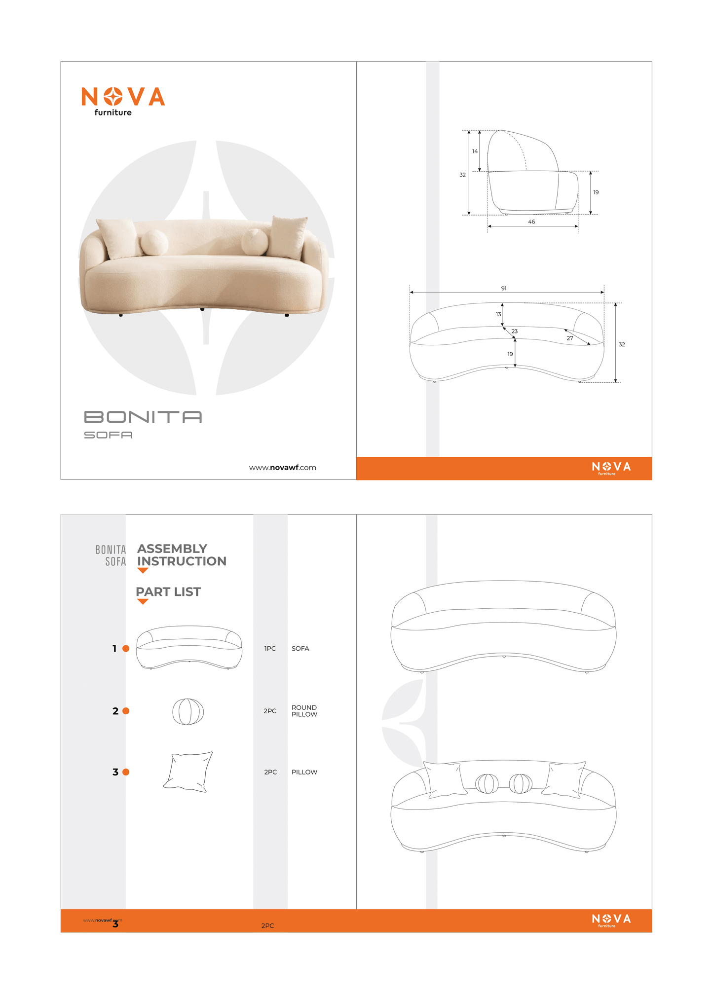 Bonita Ivory Boucle Sofa 91"