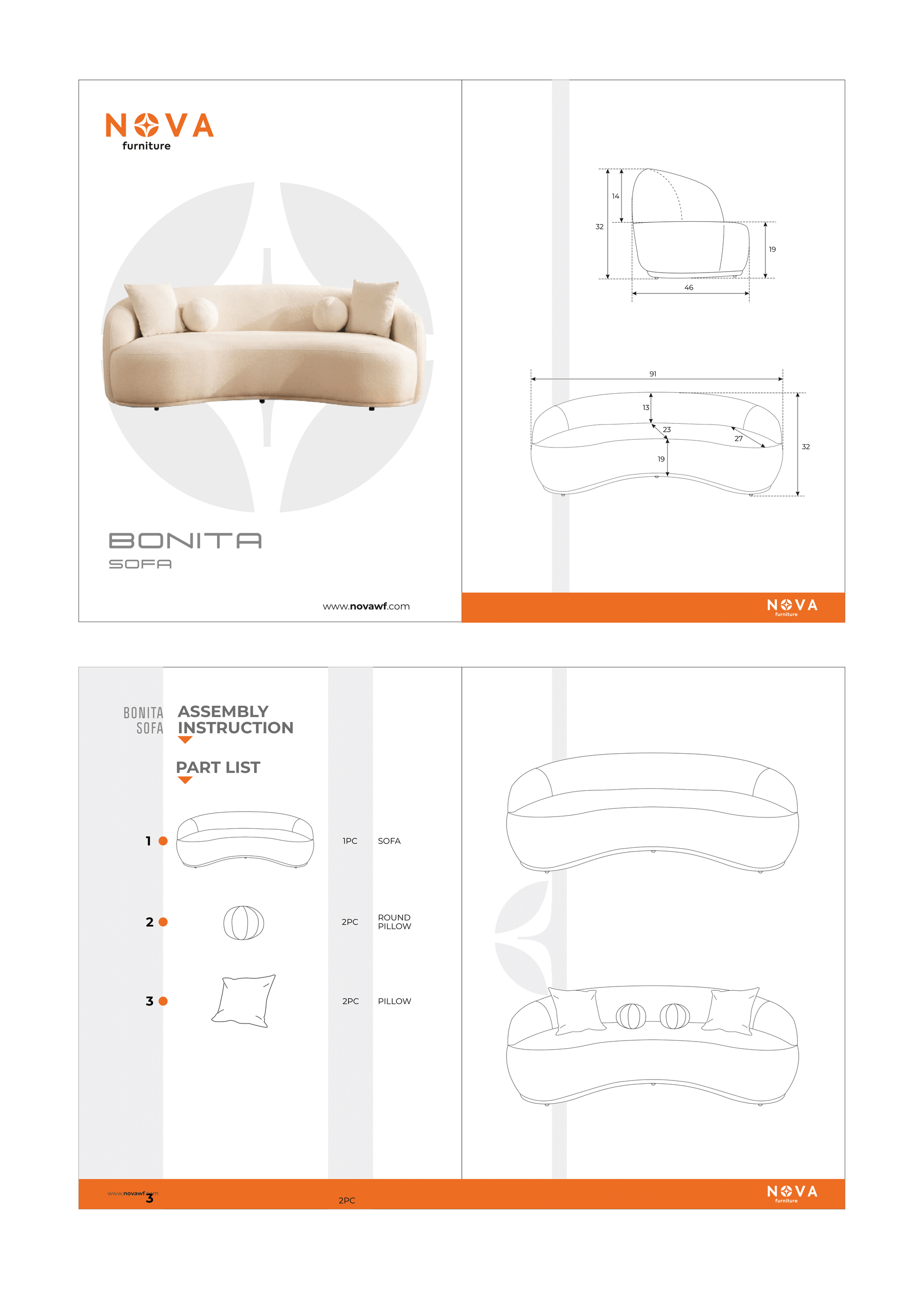 Bonita Ivory Boucle Sofa 91" & Loveseat 81"