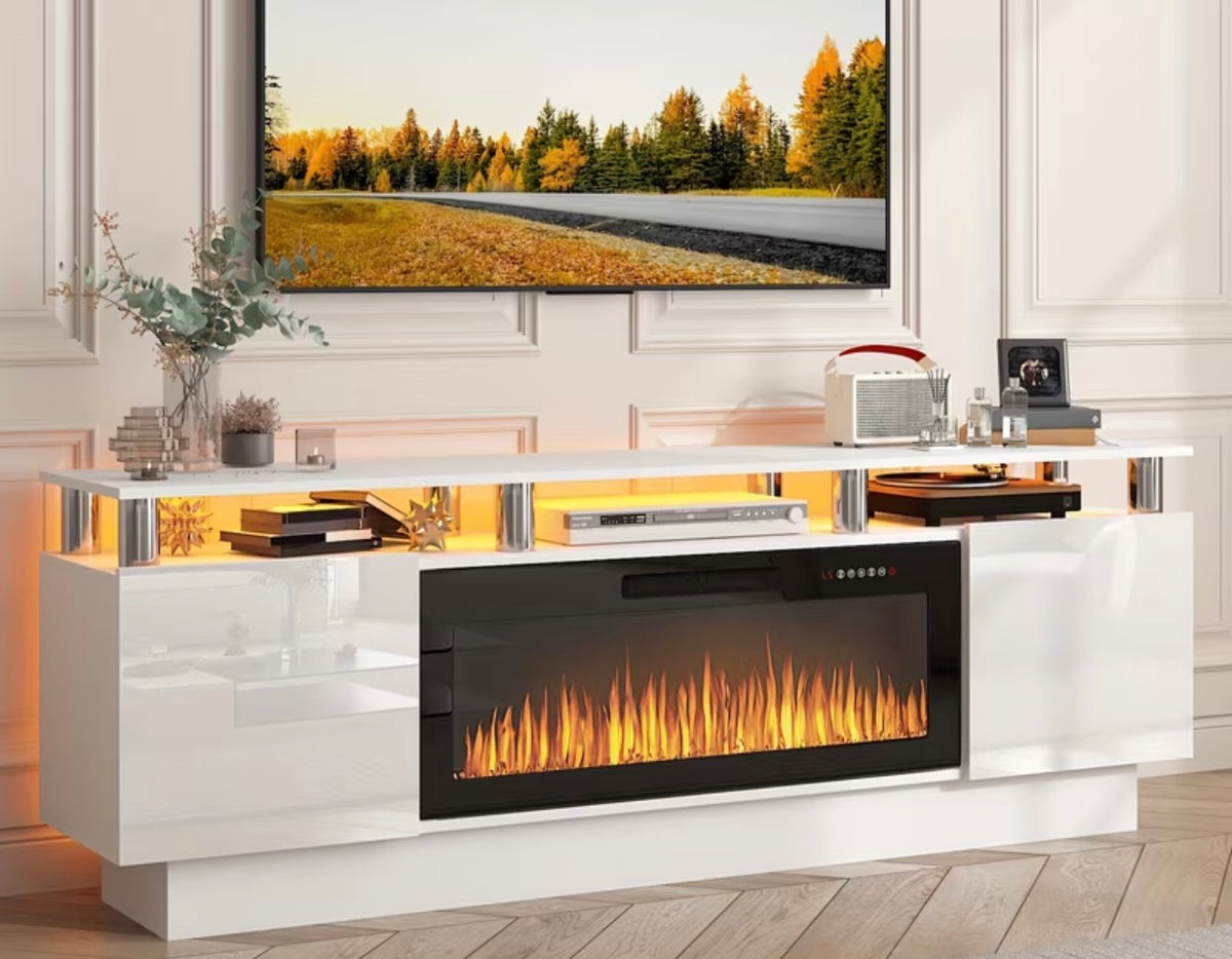Ace Black - 3PC Reclining Set and A200 Tv stand white with fire place