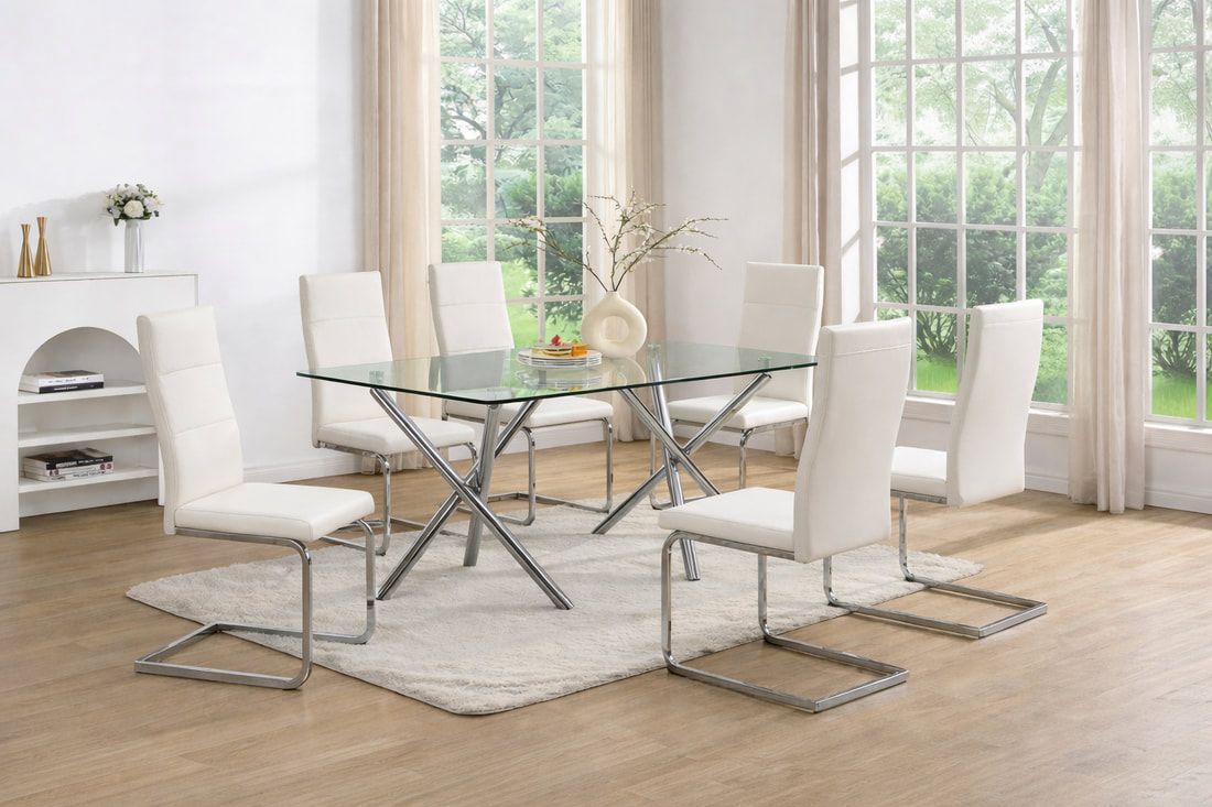 S2020 Party Time (White)combo
6217F-SV FLOOR LAMP
Tv stand blanco y dorado
D201 White - Glass Table + 6 Chairs