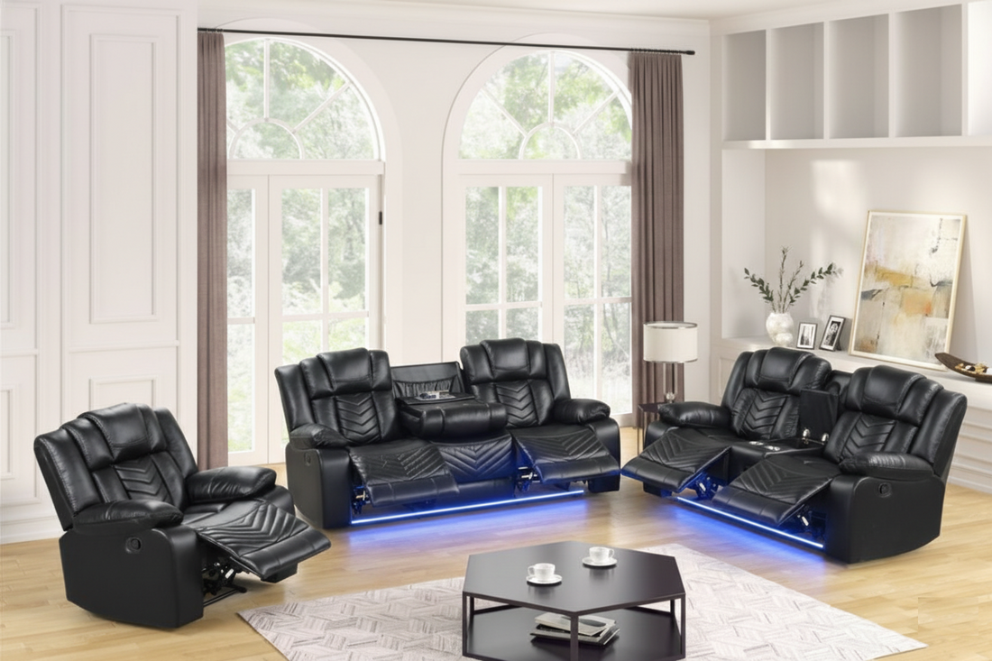 Ace Black - 3PC Reclining Set and A200 Tv stand white with fire place