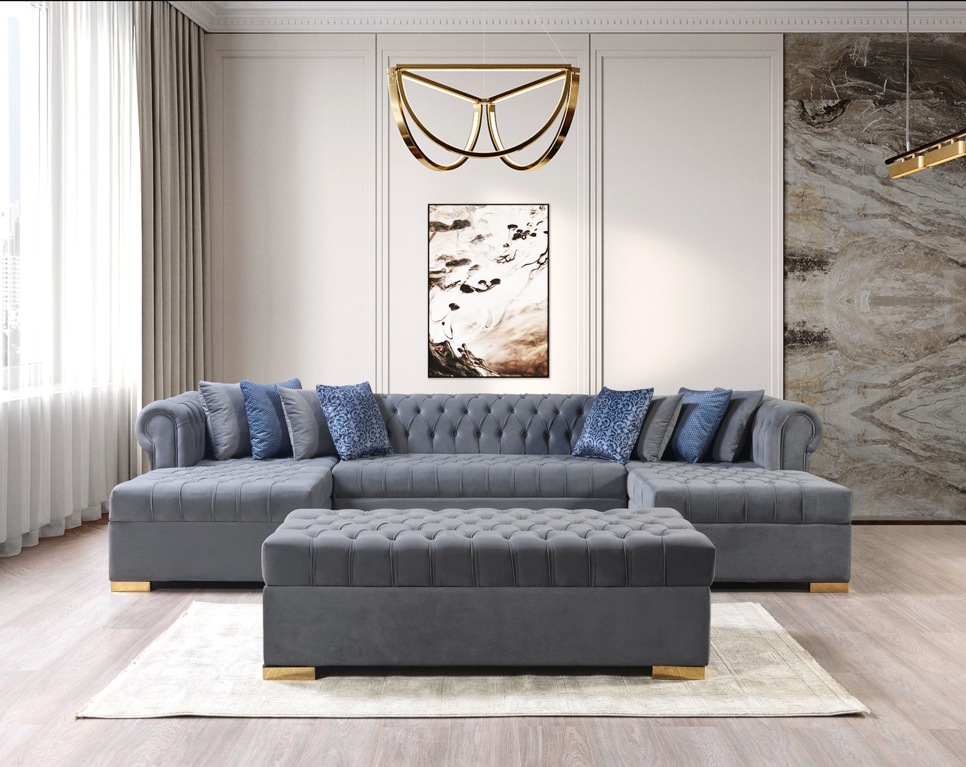 Lauren Gray Velvet Double Chaise 136" Sectional