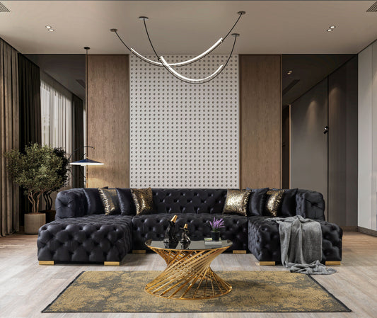 Neva Black Velvet Double Chaise 138" Sectional