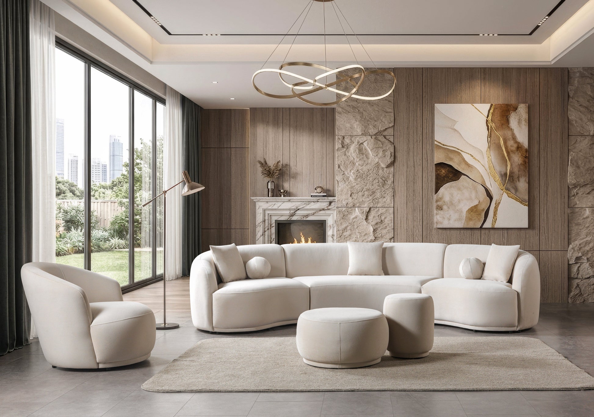 Bonita Ivory Velvet 3-Piece Curved 138" Sectional