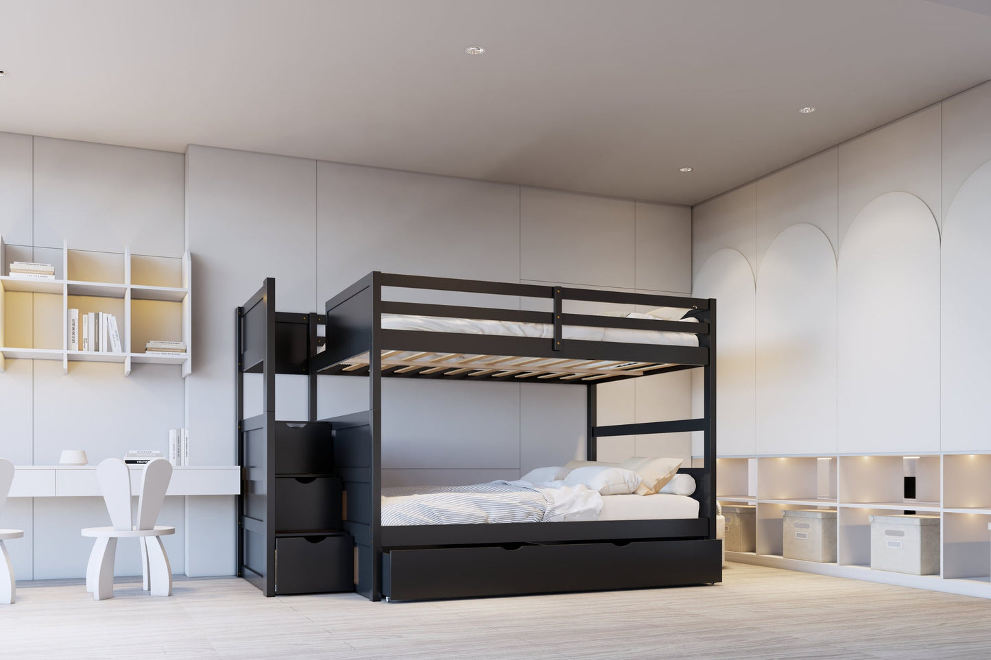 BB52 FULL/FULL Bunk Bed w/Twin Trundle + Staircase Storage