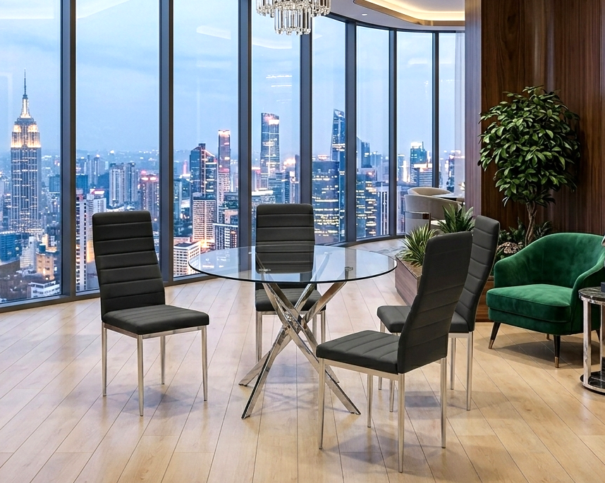 D106 - Black - Glass Table + 4 Chairs **NEW ARRIVAL**